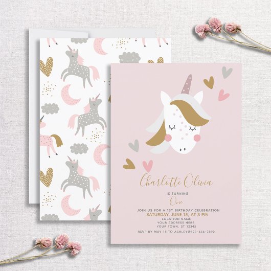 Modern Unicorn Muted Pink 1st Birthday Kaart