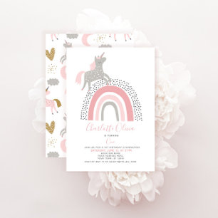 Modern Unicorn Rainbow Muted Pink 1st Birthday Kaart
