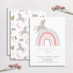 Modern Unicorn Rainbow Muted Pink 1st Birthday Kaart