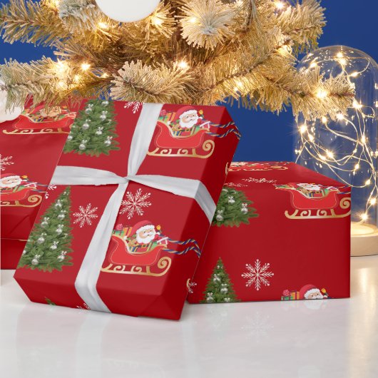 Modern Unicorn Santa Snowflakes XmasTree Red Cadeaupapier (Feestdagen)