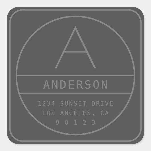 Modern uniek grijs adres en monogram vierkante sticker (Voorkant)