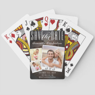 Modern Uniek Script 3 Foto Bruiloft Save The Date Pokerkaarten