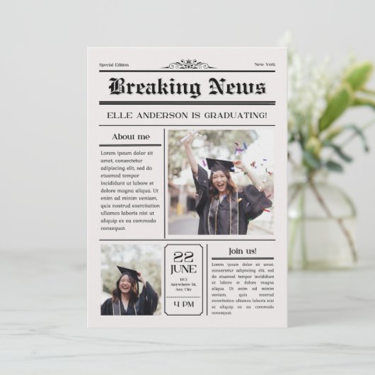 Modern Unique Fun Photo Krant Afstuderen Kaart (Staand voorkant)