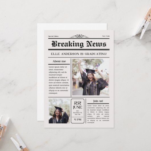 Modern Unique Fun Photo Krant Afstuderen Kaart (Voorkant / Achterkant in situ)