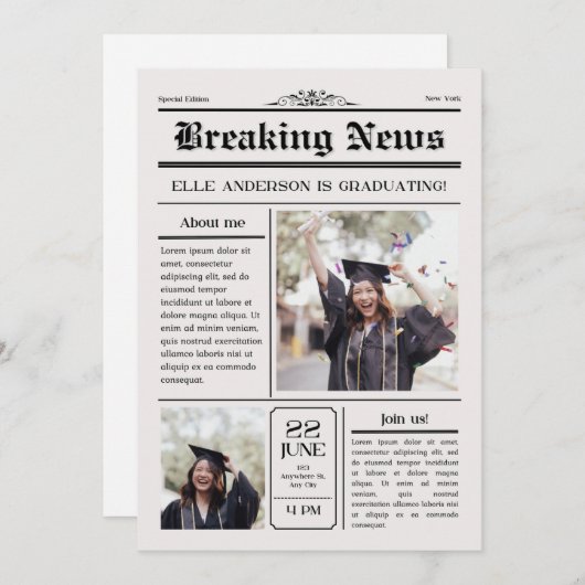 Modern Unique Fun Photo Krant Afstuderen Kaart (Voorkant / Achterkant)