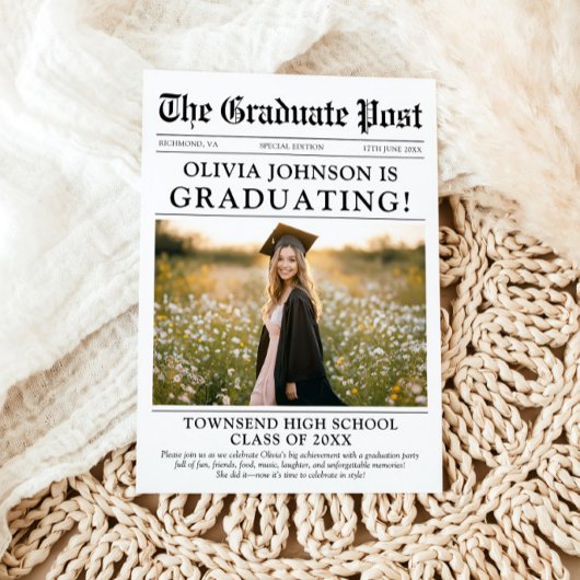 Modern Unique Fun Photo Krant Afstuderen Kaart