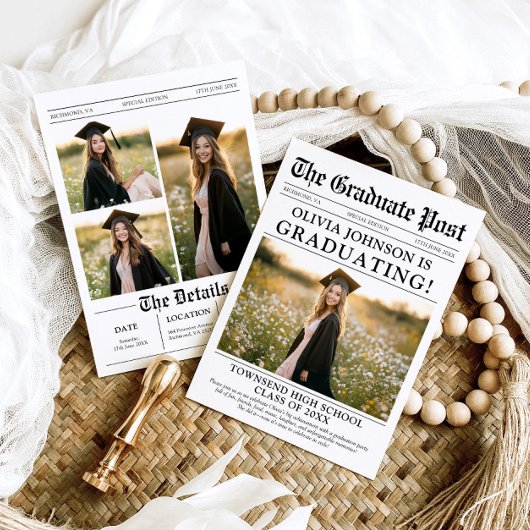 Modern Unique Fun Photo Krant Afstuderen Kaart