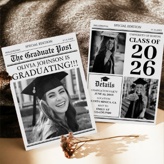 Modern Unique Fun Photo Newspaper Graduation Kaart