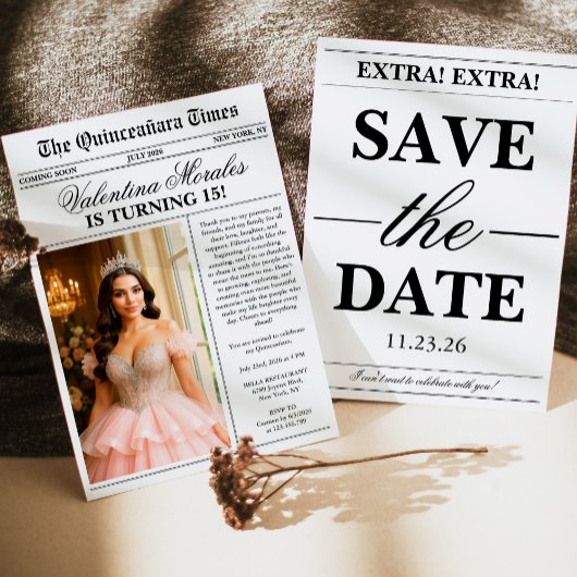 Modern Unique Newspaper Photo Quinceanera Kaart