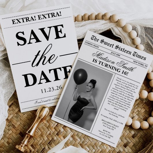 Modern Unique Newspaper Photo Sweet 16 Kaart