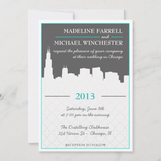Modern Urban Chicago Skyline Wedding Invitation Kaart (Voorkant)