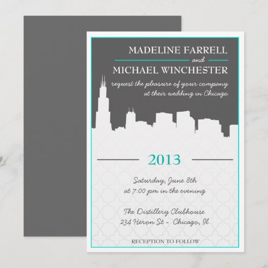 Modern Urban Chicago Skyline Wedding Invitation Kaart (Voorkant / Achterkant)