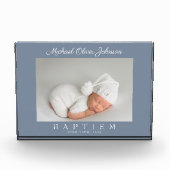 Modern usty Blue Script Baptism Photo Block Fotoblokken (Voorkant)