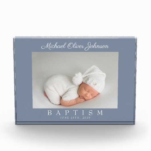 Modern usty Blue Script Baptism Photo Block Fotoblokken (Voorkant)