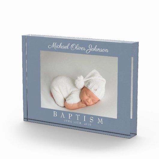 Modern usty Blue Script Baptism Photo Block Fotoblokken (Rechts)