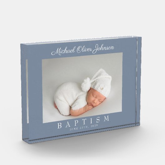 Modern usty Blue Script Baptism Photo Block Fotoblokken (Links)