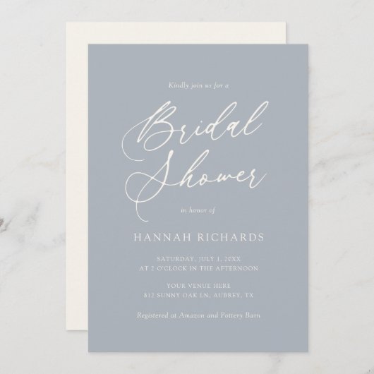 Modern usty Blue Script Bridal Shower Invitation Kaart (Voorkant / Achterkant)
