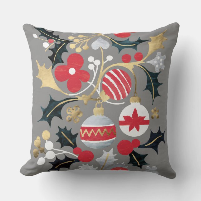 Modern Vakantie Rood Zilver & Goud Ornamenten Kussen (Voorkant)