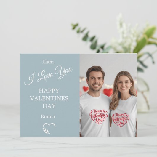 Modern Valentine’s Day Photo Card  Light Blue Gray Bedankkaart (Staand voorkant)