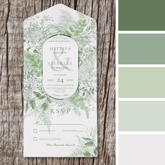 Modern varengroen gebladerte wit geen diner all in one uitnodiging