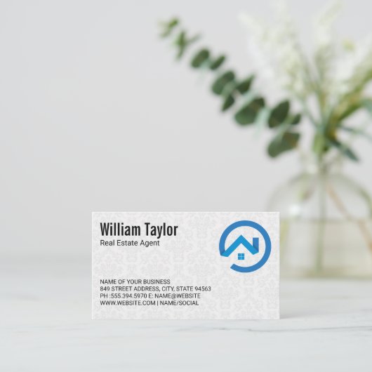 Modern Vastgoed Blauw Logo | Damask Patroon Visitekaartje (Staand voorkant)