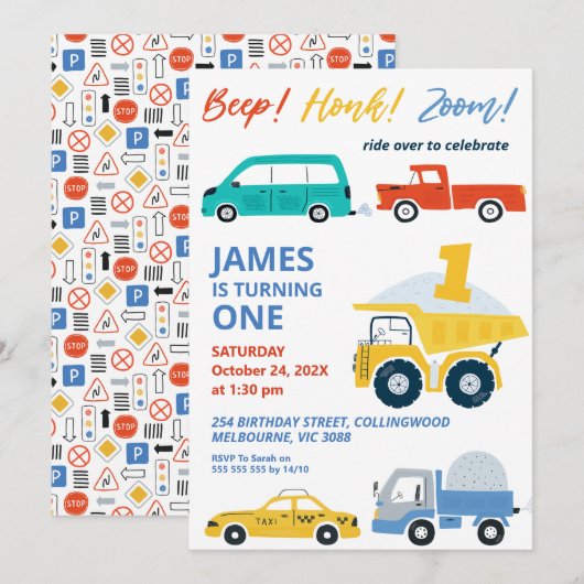Modern veelkleurig transport 1e verjaardag kaart (Voorkant / Achterkant)