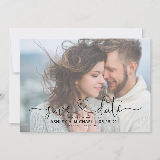 Modern Vellum 2 Photo Heart Script Weddenschap Sav Save The Date (Voorkant)