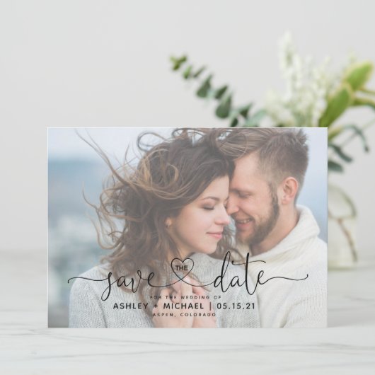 Modern Vellum 2 Photo Heart Script Weddenschap Sav Save The Date (Staand voorkant)
