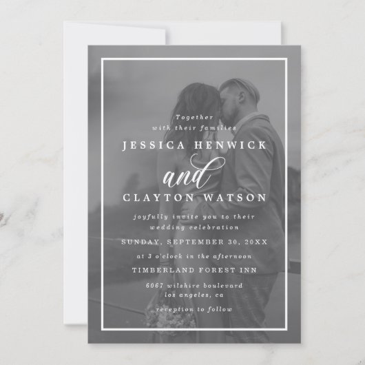 Modern Vellum Black & White Overlay Photo Wedding Kaart (Voorkant)