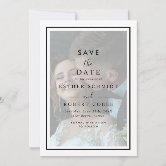 Modern Vellum Black & White Overlay Photo Wedding Save The Date (Voorkant)