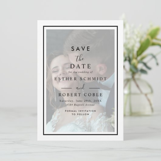 Modern Vellum Black & White Overlay Photo Wedding Save The Date (Staand voorkant)