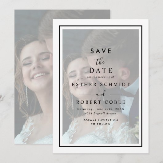 Modern Vellum Black & White Overlay Photo Wedding Save The Date (Voorkant / Achterkant)
