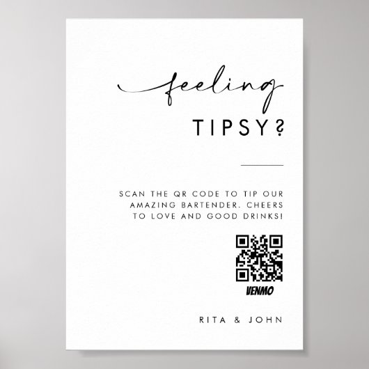 Modern Venmo Tip Uw Bartender Trouwbord Poster (Voorkant)