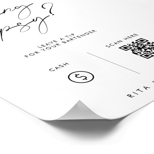 Modern Venmo Tip Uw Bartender Trouwbord Poster (Hoek)