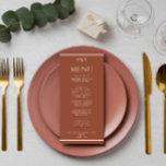 Modern Verbrand Sinaasappel Terracotta Monogram Br Menu<br><div class="desc">Een marineblauw en wit elegant minimalistisch chique bruiloft terracotta diner menu. Wat chique sjabloon ontwerp van verbrande oranje achtergrond en witte typografie. En een monogram voor initialen bovenaan en witte strepen onderaan en bovenaan.</div>