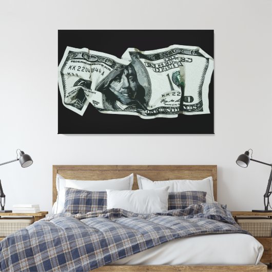 Modern Verfrommeld $100 Bill Design Canvas Afdruk (Insitu (Slaapkamer))