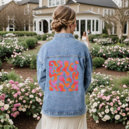 Modern Verlopen Blobpatroon in Roze en Oranje Denim Jacket