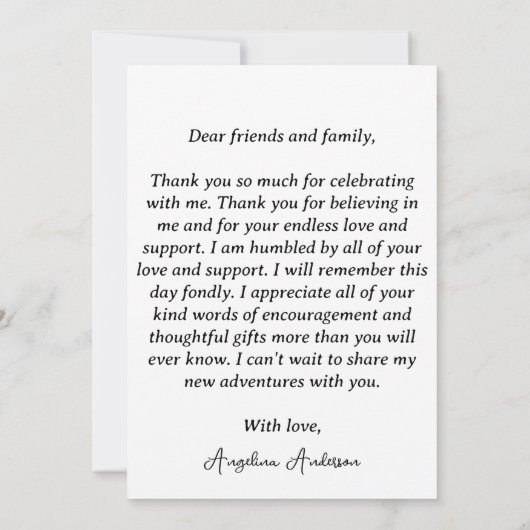 Modern Verticaal Script Eenvoudig foto-Afstuderen Bedankkaart (Achterkant)