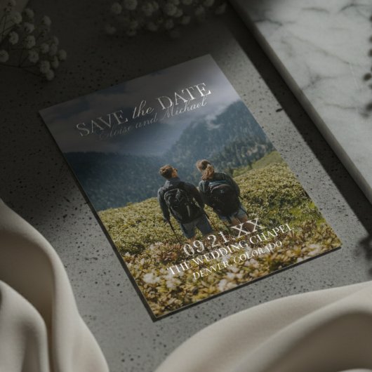 Modern Vertical Double-sided Photo Save The Date Folie Uitnodiging