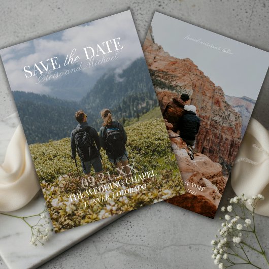 Modern Vertical Double-sided Photo Save The Date Kaart