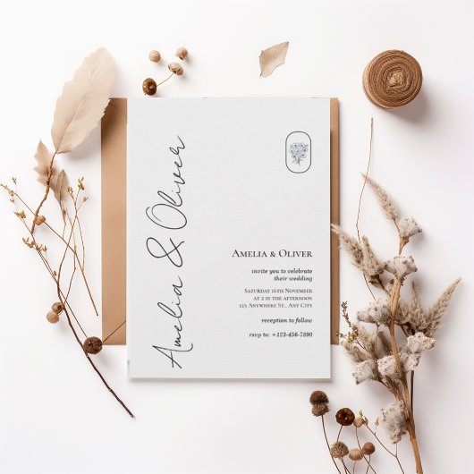 Modern Vertical Script Wedding Invitation Kaart