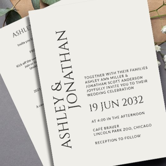 Modern vet en minimalistisch bruiloft alles-in-één kaart