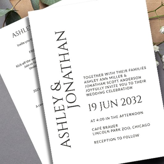 Modern vet en minimalistisch bruiloft alles-in-één kaart