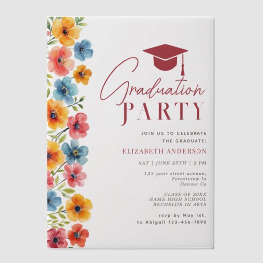 Modern vet kleurrijke bloemen Waterverf Afstuderen Vellum Uitnodigingen (Voorkant)