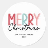 Modern vet kleurrijke vrolijke kerst familienaam ronde sticker (Voorkant)