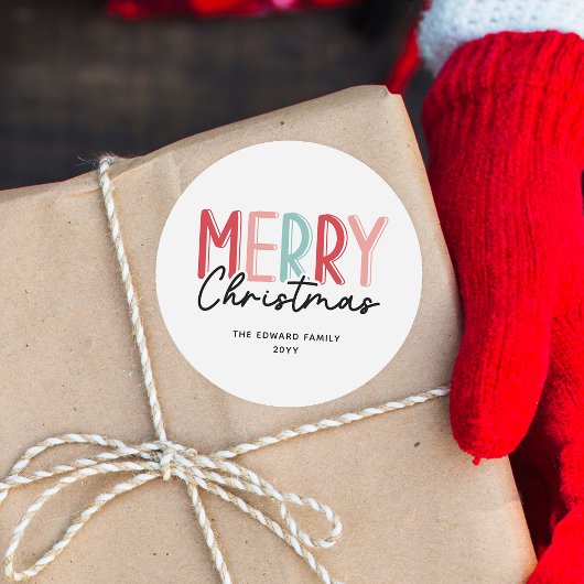 Modern vet kleurrijke vrolijke kerst familienaam ronde sticker