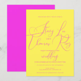 Modern Vet Krachtig Roze Geel  Script Bruiloft  Kaart