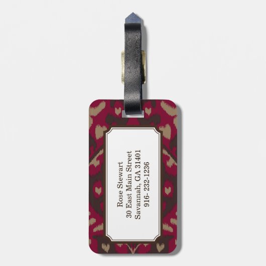 Modern vet rood bruin ikat tribal patroon bagagelabel (Achterkant verticaal)