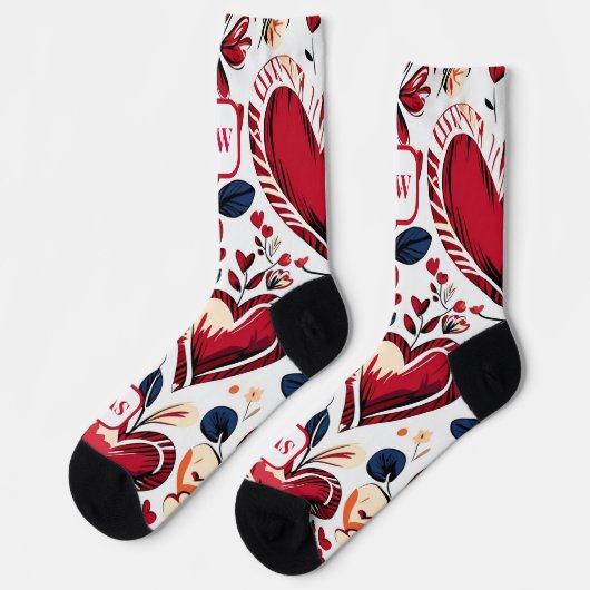 Modern vet rood hart & bloemenmonogram sokken (Links)