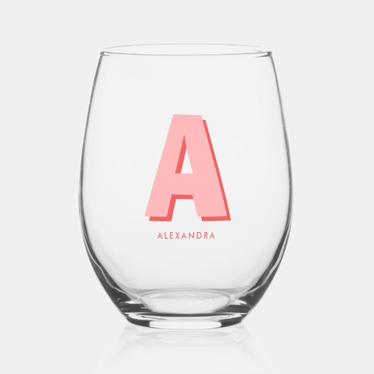 Modern vet roze custom monogram wijnglas zonder voet (Voorkant)